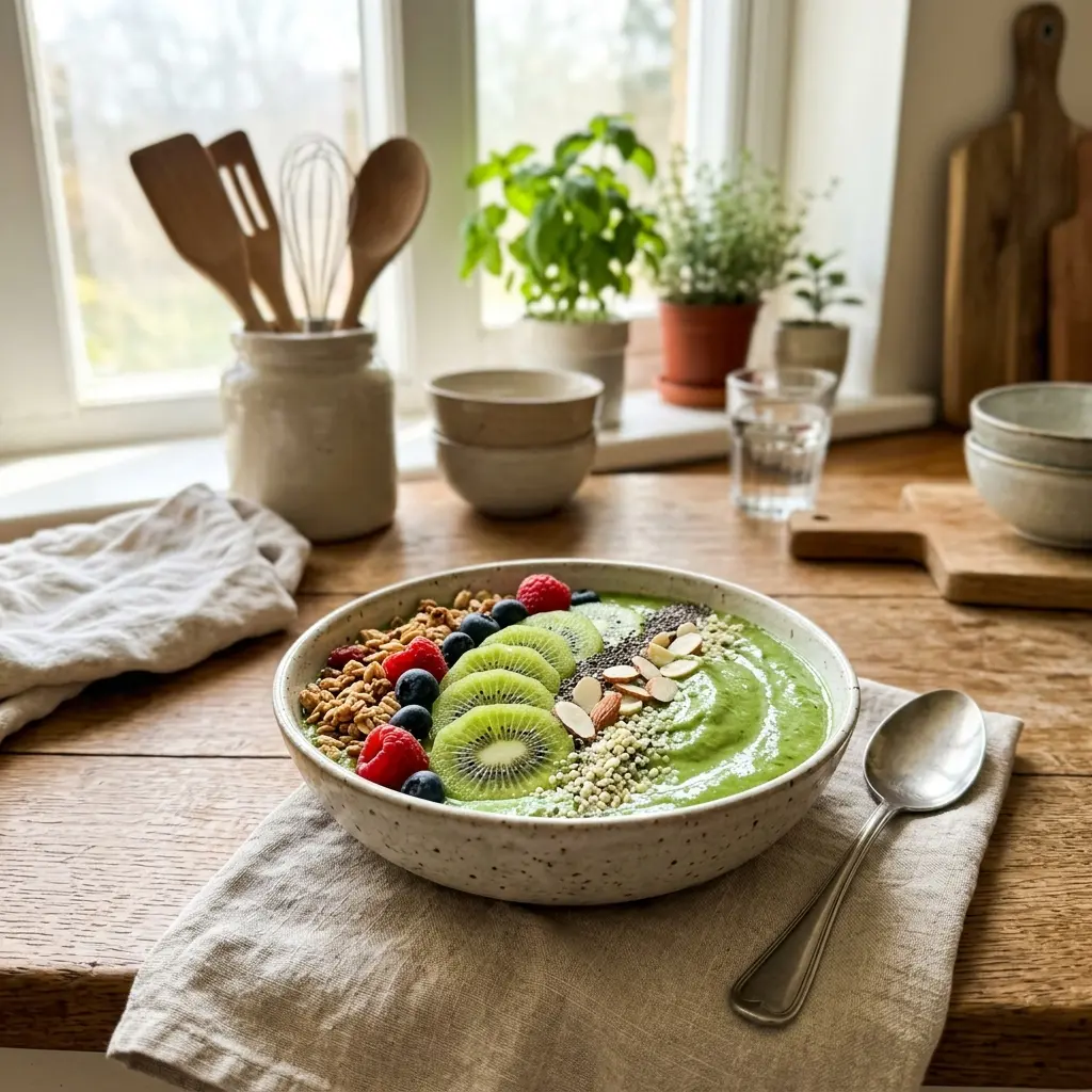 KI-generiertes Symbolbild: Vegane Raw Kiwi-Matcha-Smoothie-Bowl