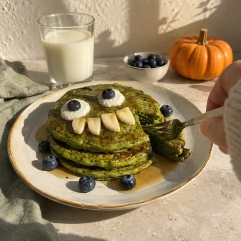 KI-generiertes Symbolbild: Rezept für Grüne Monster-Pancakes mit Spinat und Banane