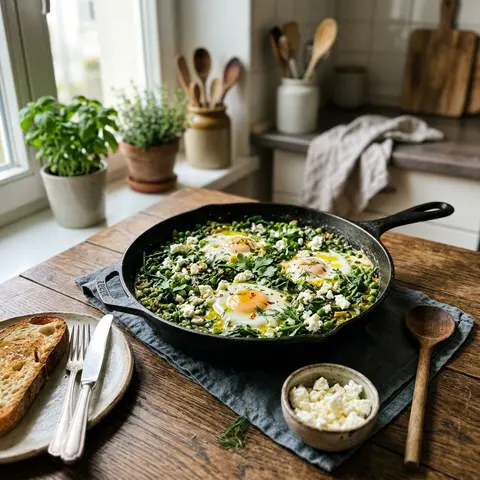 KI-generiertes Symbolbild: Rezept für Grüne Shakshuka mit Spinat, Erbsen und Jalapeño