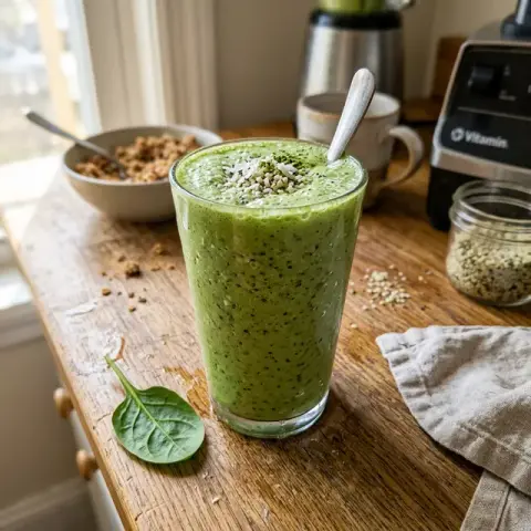 KI-generiertes Symbolbild: Rezept für Veganer grüner Matcha-Kokos-Morgen-Smoothie