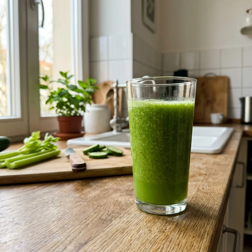KI-generiertes Symbolbild: Low-Carb Sellerie-Gurken-Saft mit Apfel