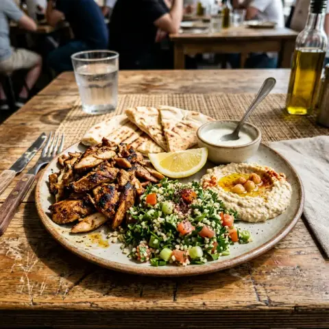 KI-generiertes Symbolbild: Blue-Zones-Prinzip und Viele Pflanzenstoffe Rezept für Hähnchen-Shawarma-Teller mit Hummus und Tabouleh