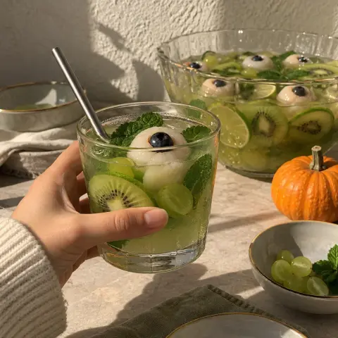 KI-generiertes Symbolbild: Säfte und Familienfreundlich Rezept für Halloween-Bowle ohne Alkohol mit Litschi-Augen und Kiwi