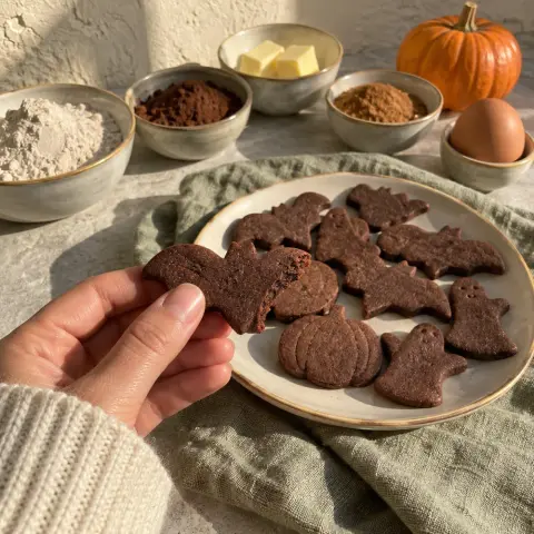 KI-generiertes Symbolbild: Desserts und Familienfreundlich Rezept für Halloween-Fledermaus-Kekse mit Kakao und Dinkel