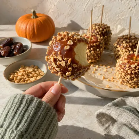 KI-generiertes Symbolbild: Desserts und Familienfreundlich Rezept für Halloween-Karamelläpfel mit Dattel-Karamell und Erdnüssen