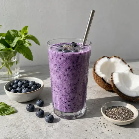 KI-generiertes Symbolbild: Rezept für Heidelbeer-Kokos-Shake