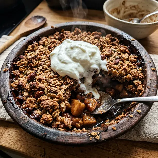 KI-generiertes Symbolbild: High-Protein Apfel-Crumble