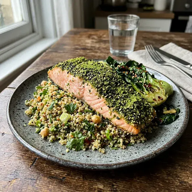 KI-generiertes Symbolbild: High-Protein Matcha-Wildlachs mit Quinoa