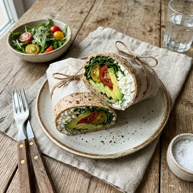 KI-generiertes Symbolbild: High-Protein Hüttenkäse-Wrap mit Gemüse