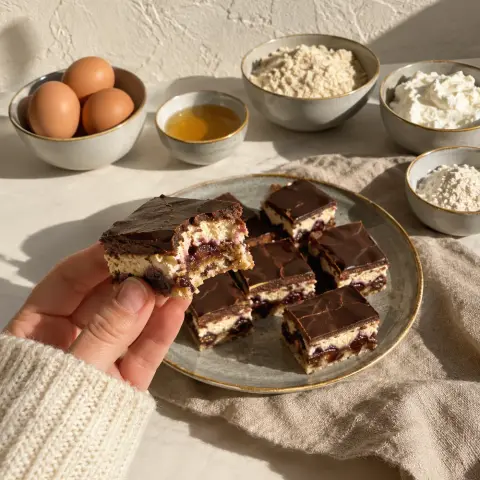 KI-generiertes Symbolbild: Rezept für High Protein Dominosteine mit Pflaumen und Quark-Marzipan