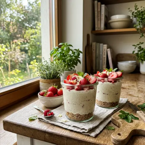 KI-generiertes Symbolbild: Rezept für High-Protein Erdbeer-Cheesecake-Gläschen