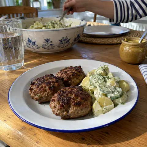 KI-generiertes Symbolbild: Ballaststoffe & Vielfalt und Sättigend Rezept für High Protein Frikadellen aus dem Airfryer mit Kartoffel-Gurken-Salat