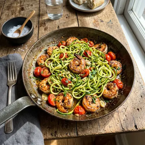 KI-generiertes Symbolbild: Rezept für High-Protein Garnelen-Pfanne mit Zucchini-Nudeln