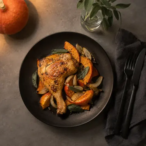 KI-generiertes Symbolbild: Rezept für Hähnchenschenkel aus dem Airfryer mit Kürbis