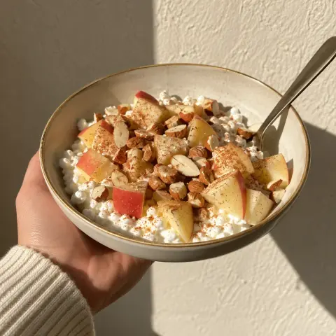 KI-generiertes Symbolbild: Rezept für High-Protein Hüttenkäse-Bowl mit Apfel und Zimt