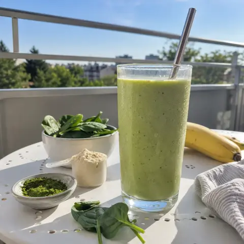 KI-generiertes Symbolbild: Rezept für High Protein Matcha-Vanille-Shake