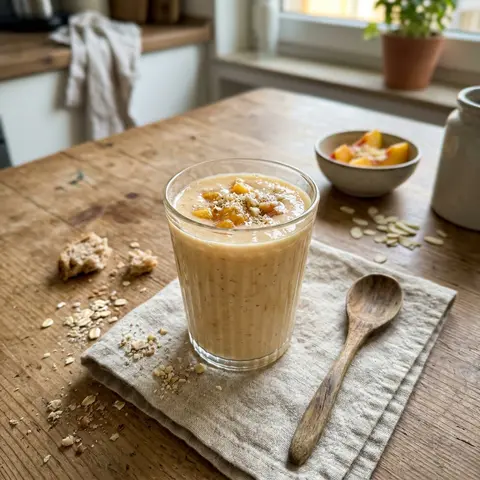 KI-generiertes Symbolbild: Smoothies und High Protein Rezept für High Protein Pfirsich-Mandel-Smoothie