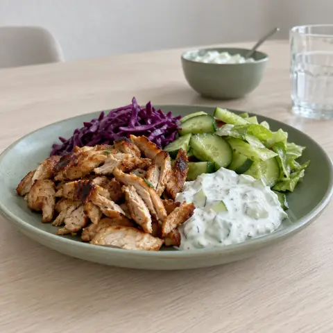 KI-generiertes Symbolbild: Rezept für High Protein Puten-Gyros aus dem Airfryer mit Skyr-Tzatziki