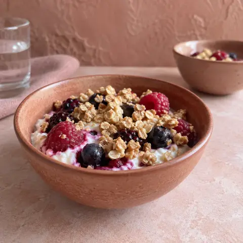 KI-generiertes Symbolbild: Rezept für High Protein Quark-Beeren-Crumble