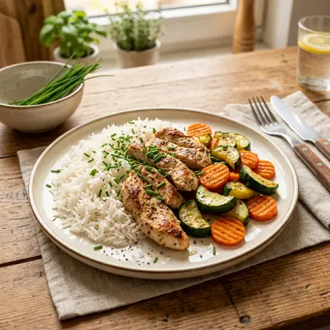 KI-generiertes Symbolbild: Glutenfrei und Ohne Zuckerzusatz Rezept für High-Protein Reispfanne mit Zucchini und Putenbrust