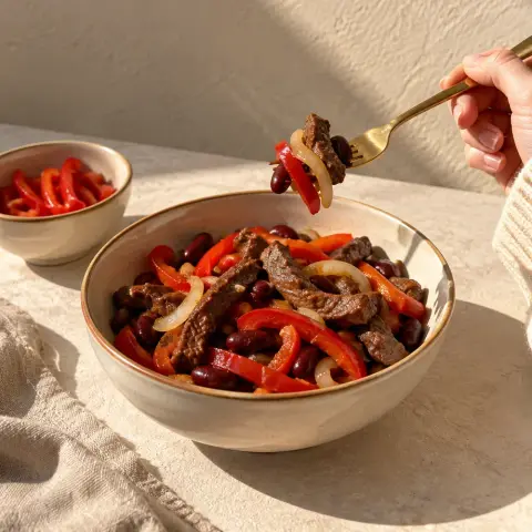 KI-generiertes Symbolbild: Rezept für High Protein Rinder-Fajita-Bowl