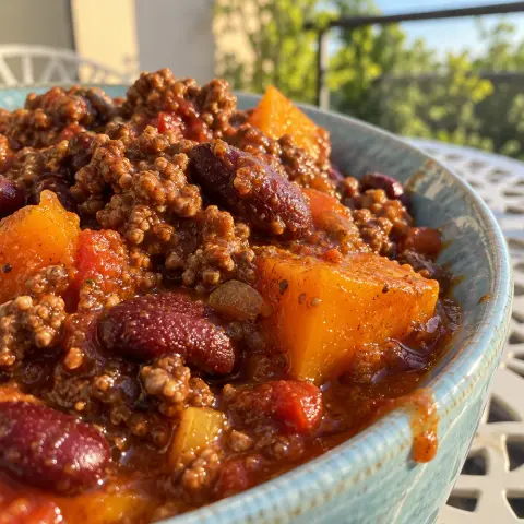 KI-generiertes Symbolbild: Abendessen und High Protein Rezept für High Protein Rinderhack-Kürbis-Chili mit Kidneybohnen