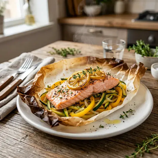 KI-generiertes Symbolbild: High-Protein Zitronen-Wildlachsfilets aus dem Backpapier