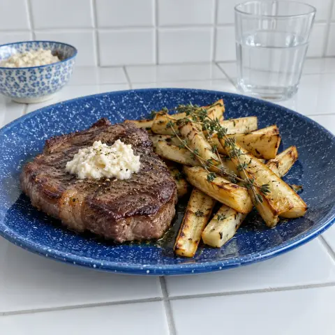 KI-generiertes Symbolbild: Rezept für High Protein Steak aus dem Airfryer mit Pastinaken und Meerrettich