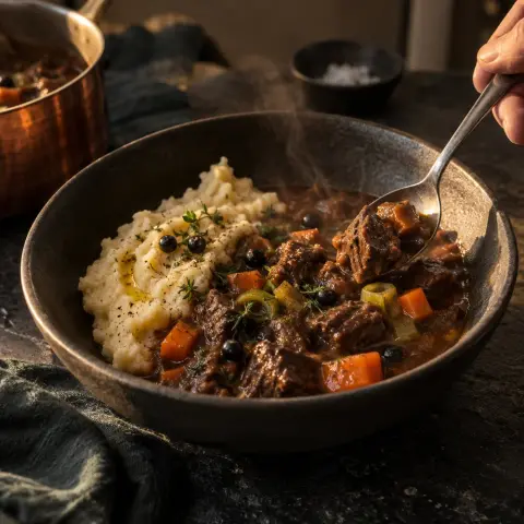 KI-generiertes Symbolbild: Rezept für Hirschgulasch mit Pastinakenpüree und Wacholder