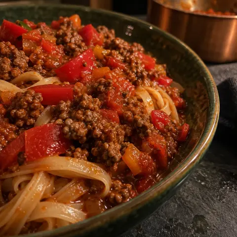 KI-generiertes Symbolbild: Rezept für Histaminarme Bolognese mit Paprika und Reisnudeln