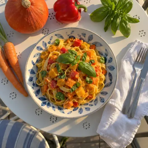 KI-generiertes Symbolbild: Omega-3 & Gemüse und Basisch Rezept für Histaminarme Nudelsoße aus Möhren, Kürbis und Paprika