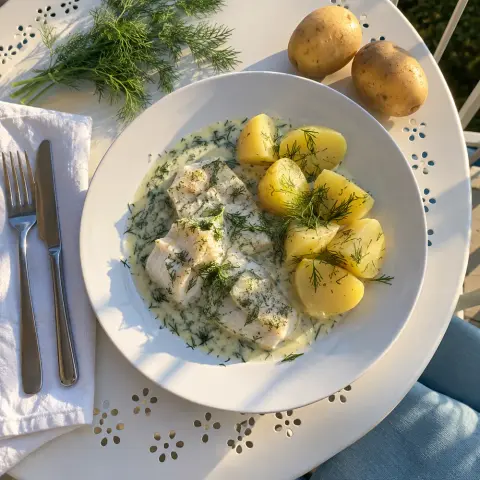 KI-generiertes Symbolbild: Abendessen und Histaminarm Rezept für Histaminarmer Kabeljau in Dill-Sahne-Soße mit Kartoffeln