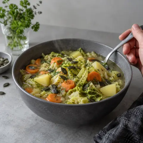KI-generiertes Symbolbild: Mittagessen und Histaminarm Rezept für Histaminarmer Wirsing-Kartoffel-Eintopf mit Kümmel