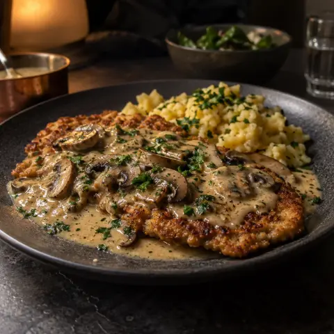 KI-generiertes Symbolbild: Rezept für Jägerschnitzel vom Kalb mit Champignon-Rahmsoße