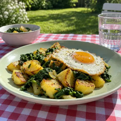 KI-generiertes Symbolbild: Rezept für Kartoffelpfanne mit Spinat und Spiegelei