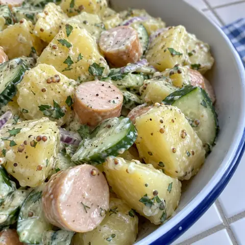 KI-generiertes Symbolbild: Rezept für Kartoffelsalat mit Geflügelwürstchen, Gurke und Senf-Joghurt