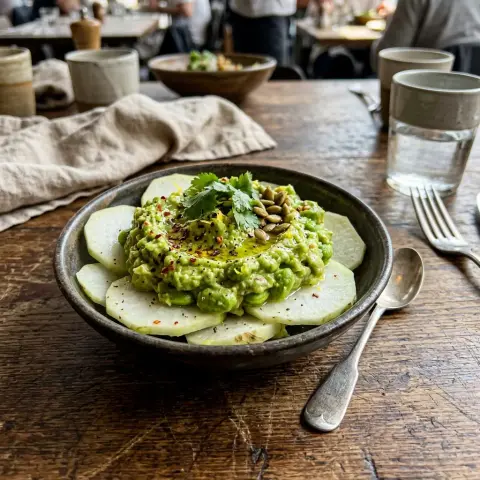 KI-generiertes Symbolbild: Kuhmilchfrei und Glutenfrei Rezept für Keto Edamame-Avocado-Creme auf Kohlrabi