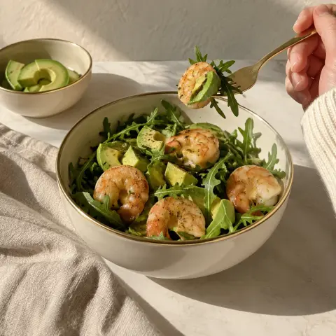KI-generiertes Symbolbild: Rezept für Keto Garnelen-Avocado-Bowl