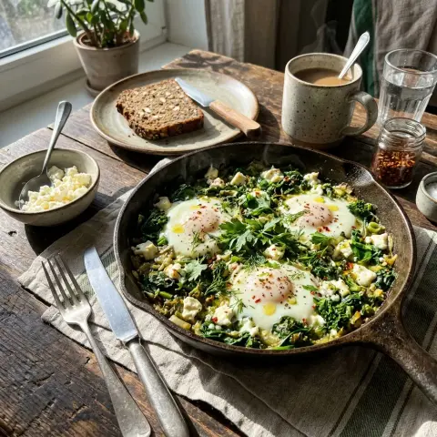 KI-generiertes Symbolbild: Rezept für Keto grüne Shakshuka mit Spinat und Feta
