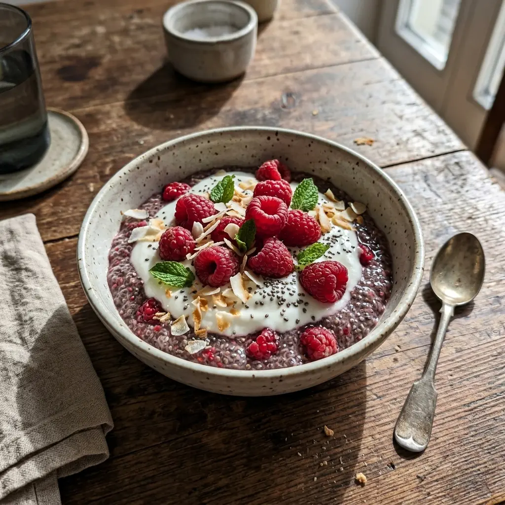 KI-generiertes Symbolbild: Himbeer-Chia-Pudding mit Kokosmilch und Kokosjoghurt