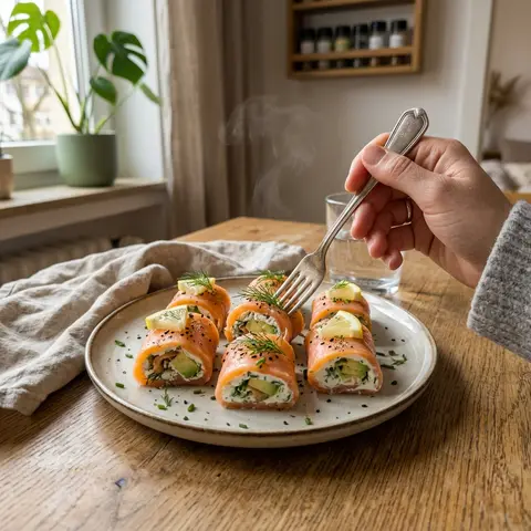 KI-generiertes Symbolbild: Rezept für Keto Lachs-Avocado-Röllchen