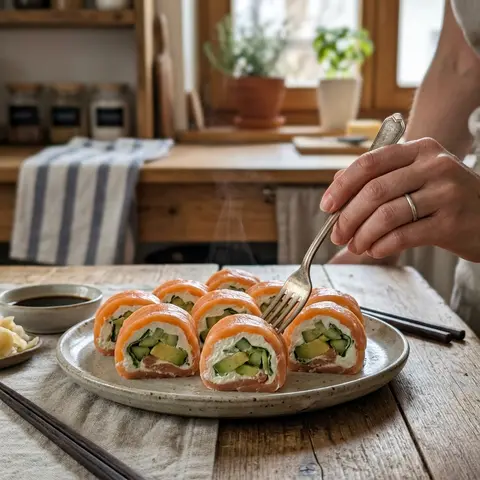 KI-generiertes Symbolbild: Rezept für Keto Lachs-Avocado-Rollen
