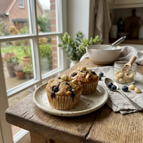 KI-generiertes Symbolbild: Rezept für Keto Macadamia-Blaubeer-Muffins