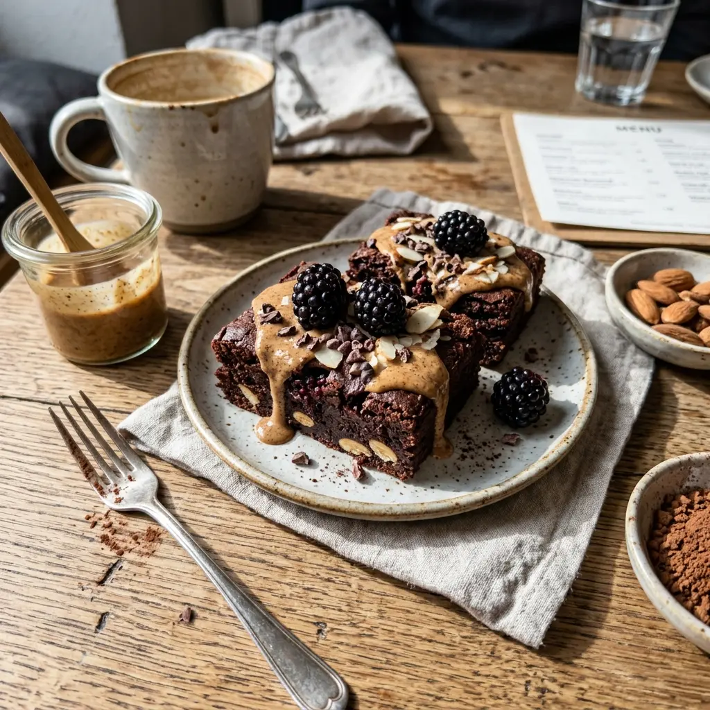 KI-generiertes Symbolbild: Keto Mandel-Brownies mit Brombeeren