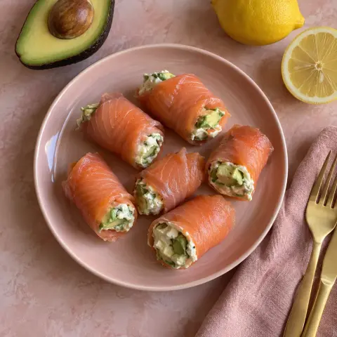 KI-generiertes Symbolbild: Rezept für Keto Räucherlachs-Röllchen mit Avocado-Frischkäse