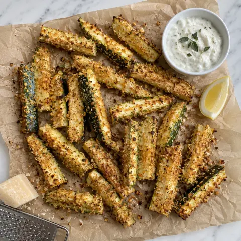KI-generiertes Symbolbild: Nährstoffdicht und Snacks Rezept für Keto Zucchini-Pommes aus dem Airfryer mit Parmesan und Schmand-Dip