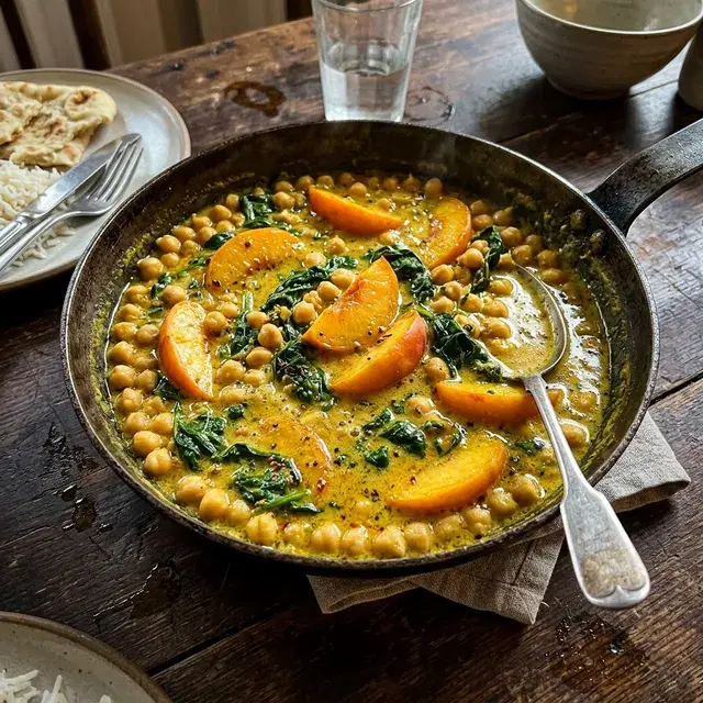 KI-generiertes Symbolbild: Veganes Kichererbsen-Pfirsich-Curry