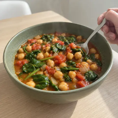 KI-generiertes Symbolbild: Kalium und Folsäure Rezept für Wärmender Kichererbsen-Spinat-Eintopf