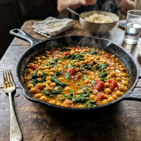 KI-generiertes Symbolbild: Calcium und Folsäure Rezept für Kichererbsen-Spinat-Pfanne mit Tomaten