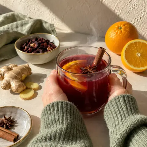 KI-generiertes Symbolbild: Rezept für Kirsch-Ingwer-Punsch mit Hibiskus und Orange